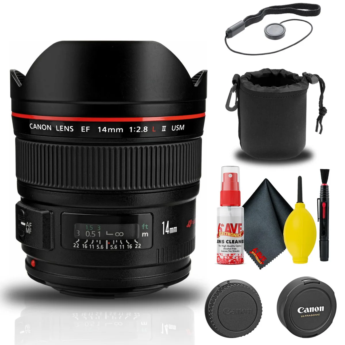 Canon Canon EF 14mm f/2.8L II USM lens bundle with pouch, cap keeper, cleaning kit — product photo
