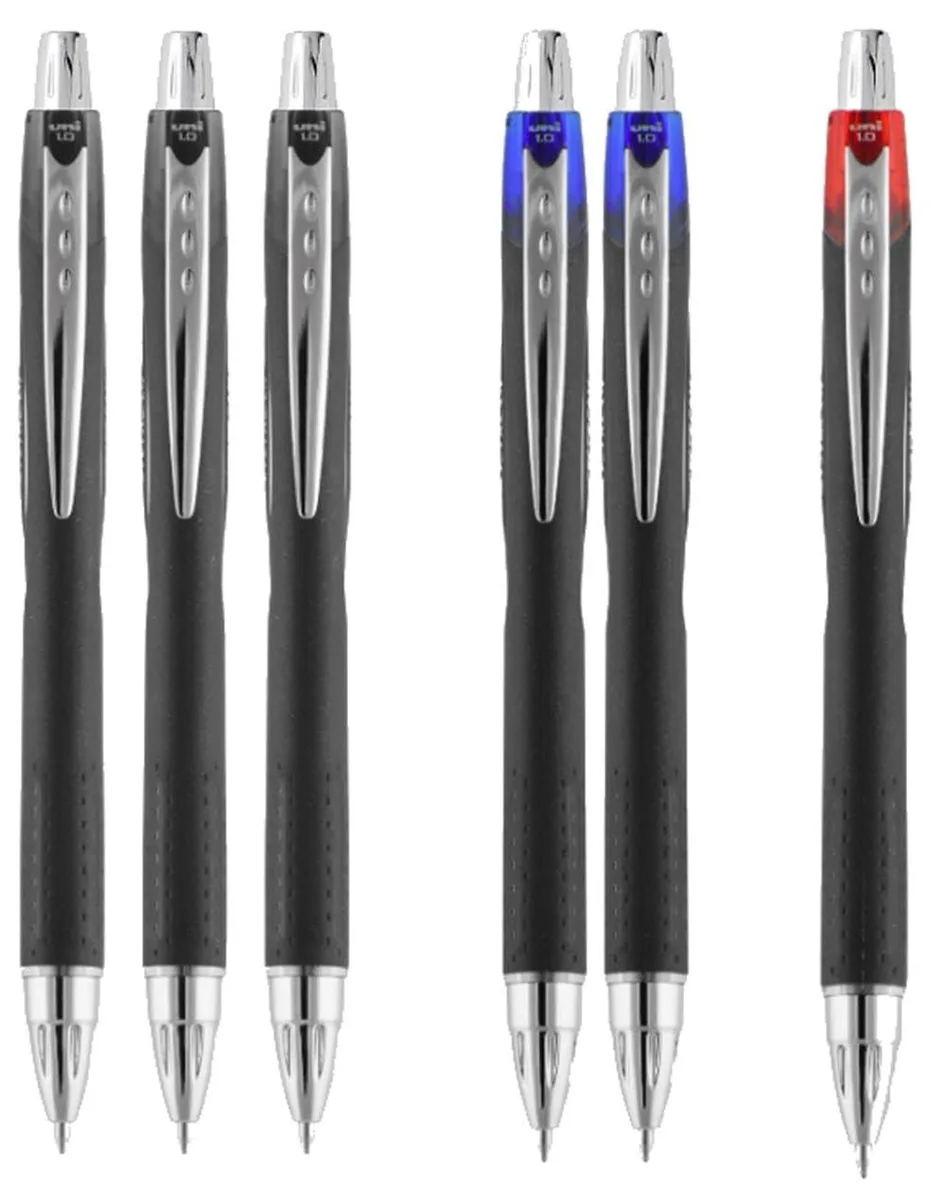 Six retractable ballpoint pens in black blue and red with rubberized grips and clips