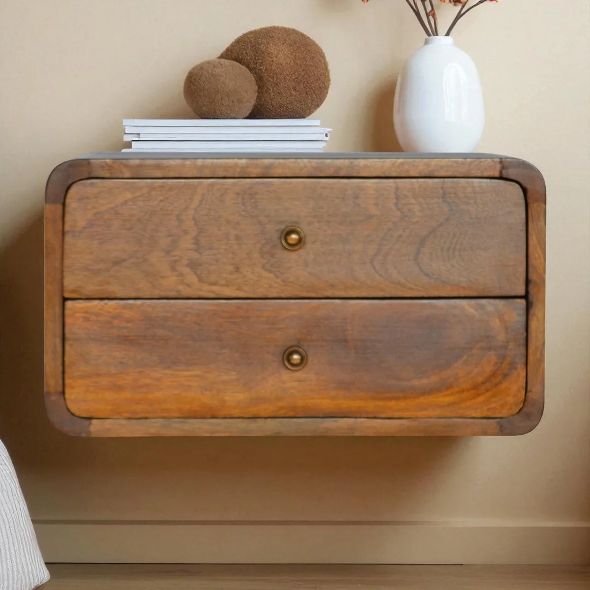 Floating curved chestnut bedside set, solid wood finish