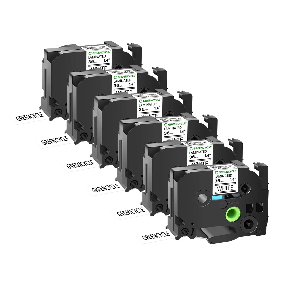 GREENCYCLE GREENCYCLE TZe-261 36mm 26.2ft Black on White Laminated Label Tape 6 Pack — product photo