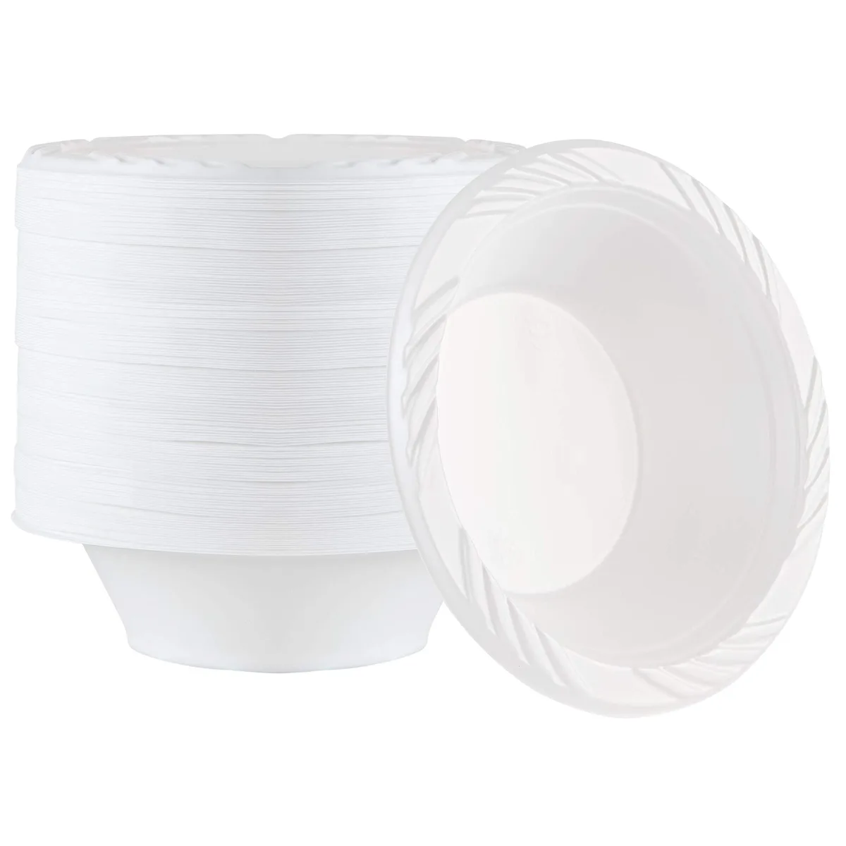 Stack of 100 white round 12 ounce polypropylene bowls