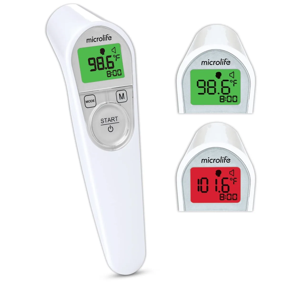 White handheld forehead thermometer with sensor cover and large backlit screen