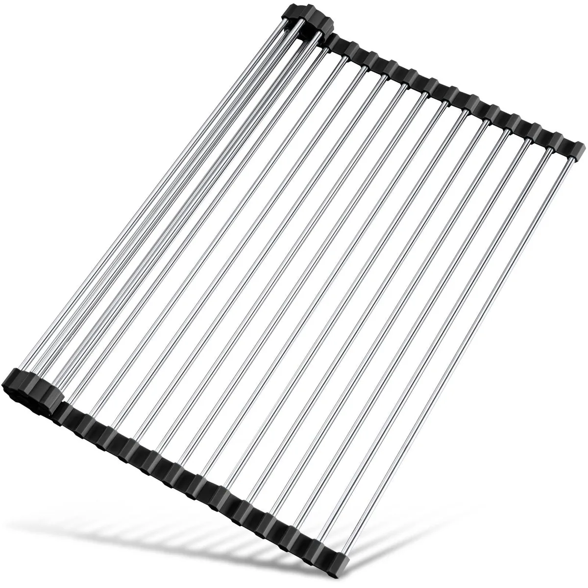 Red roll-up stainless steel rack with silicone edges, 17.7 by 15.5 inches