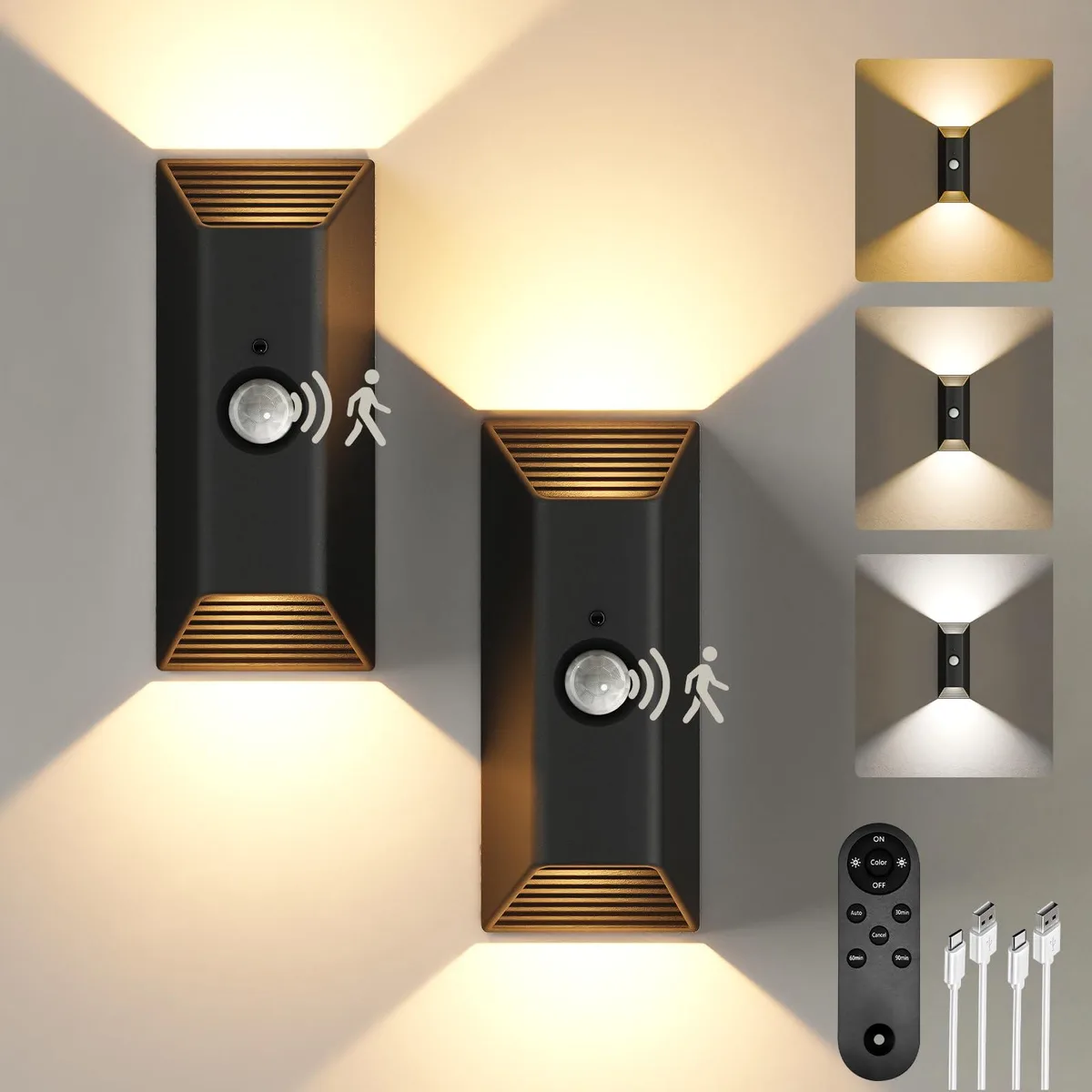 Two black square wall sconces with magnetic bases and remote control