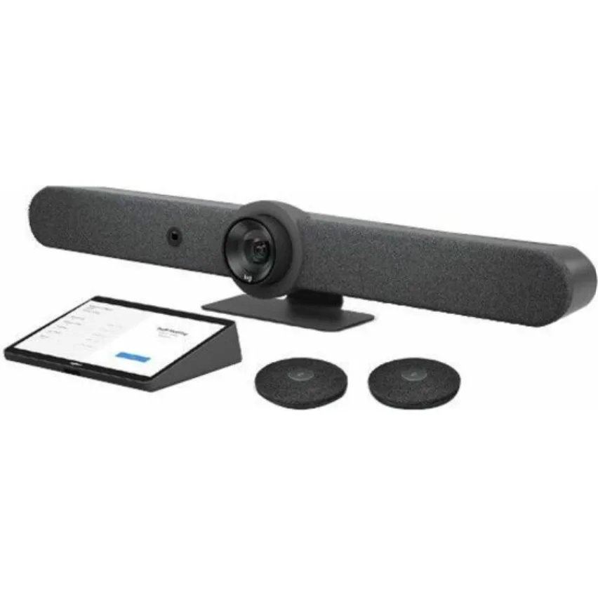 Black Logitech Rally Bar video conferencing unit on desk