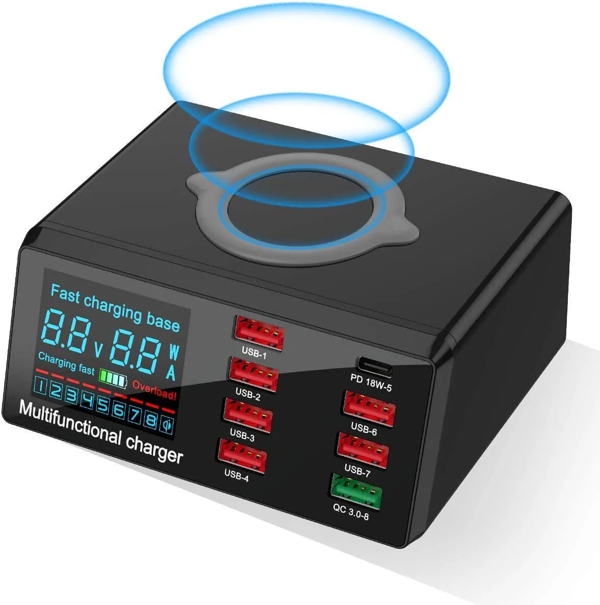 BONAEVER BONAEVER Quick Charge 3.0 8-Port 100W Charger 10W Wireless Black — product photo