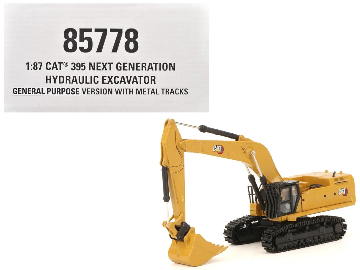 DieCast Masters DieCast Masters CAT 395 Next-Gen Hydraulic Excavator Yellow 1/87 Scale Diecast Model with Hammer and Shear — product photo