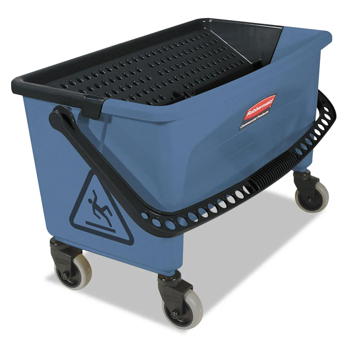 Blue 27 gallon mop bucket with angled washboard wall and twist valve