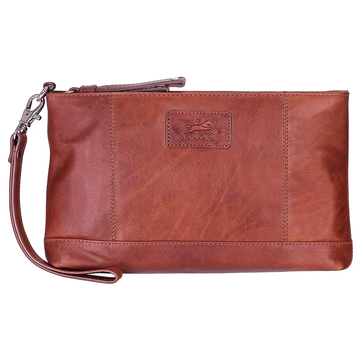 Cognac leather wristlet with zippered compartment and wrist strap
