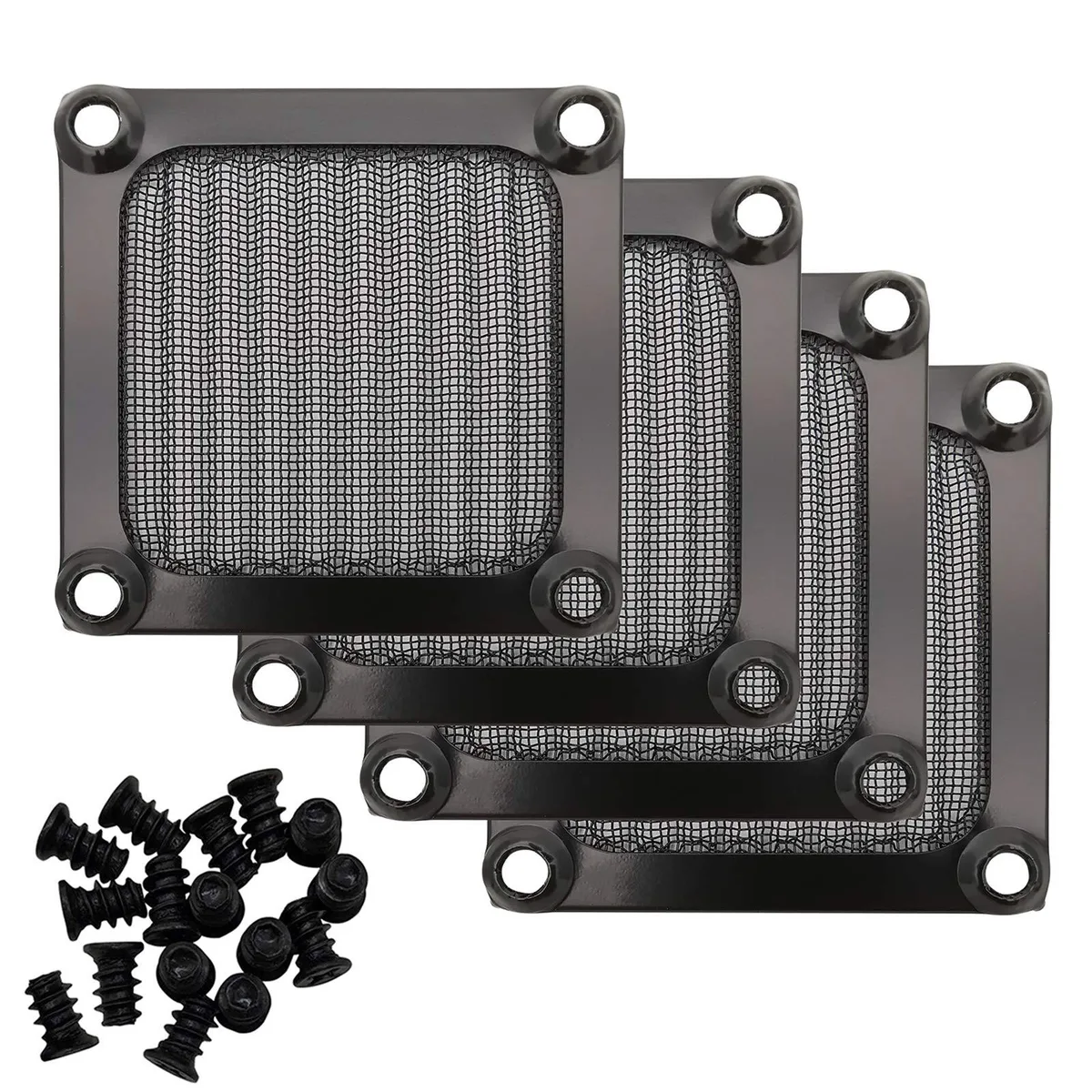 Four black square fan filters with aluminum frames and fine steel mesh, plus screws