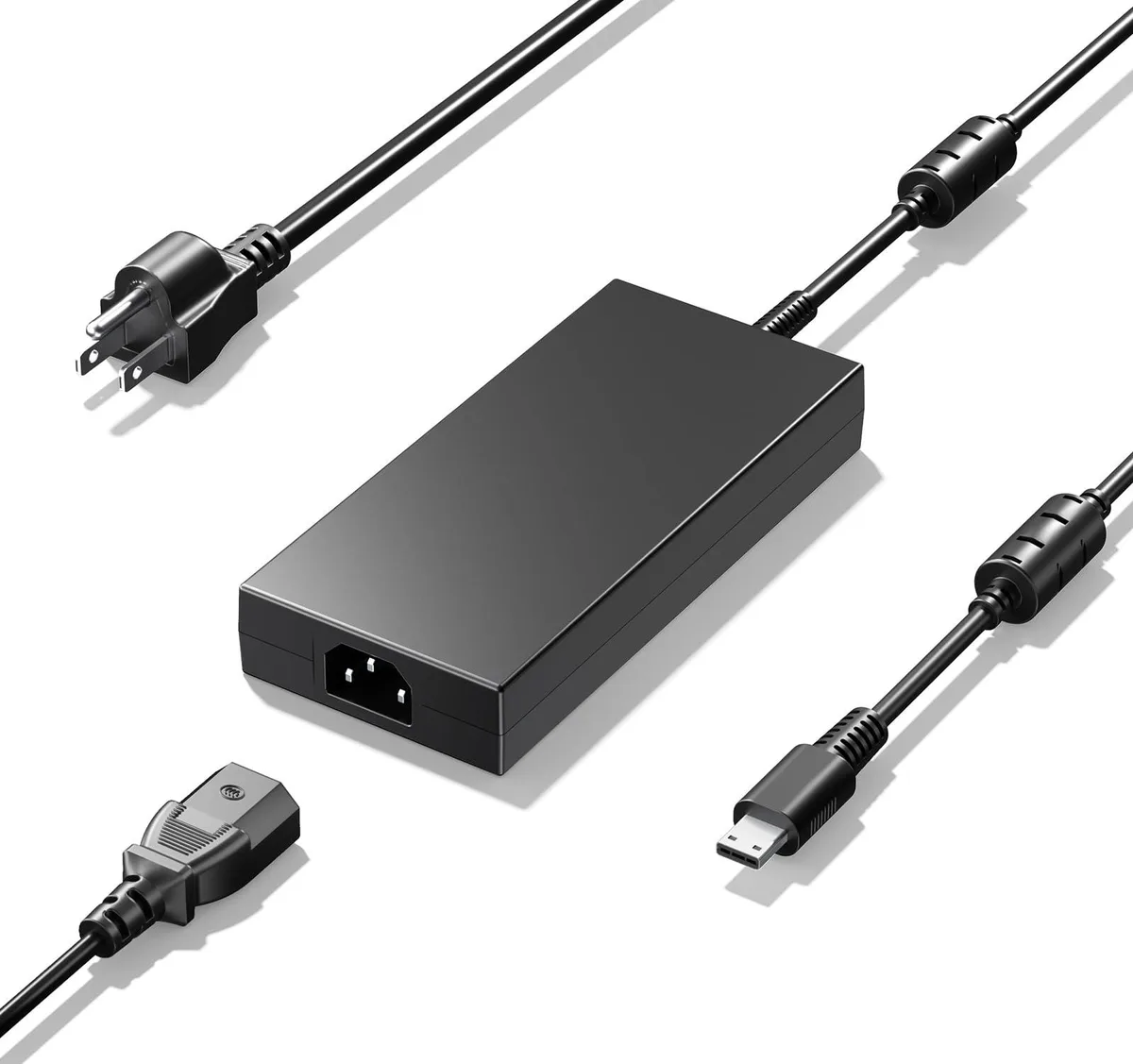 Black rectangular AC adapter with slim tip connector and power cord