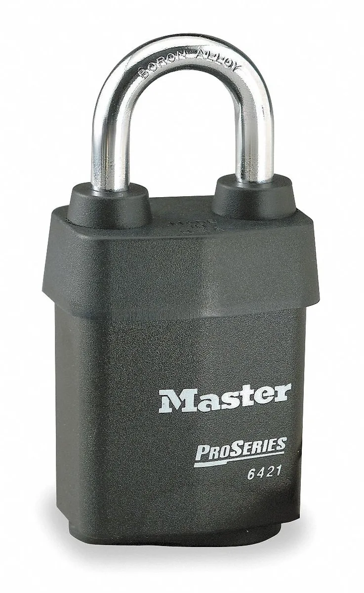 Black laminated steel rectangular padlock with boron shackle and interchangeable core
