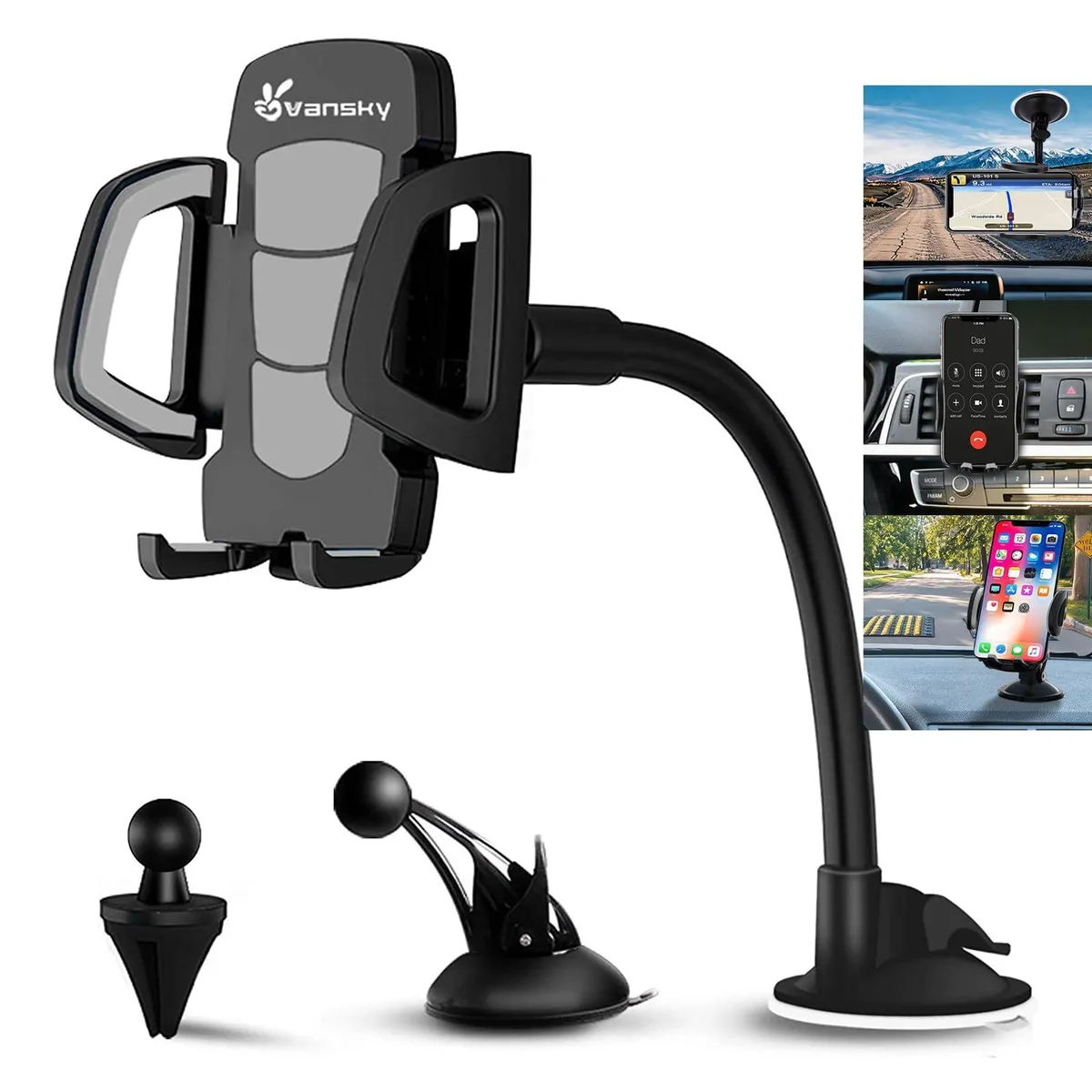Black windshield phone mount with suction cup and four-point clamp, faux leather finish
