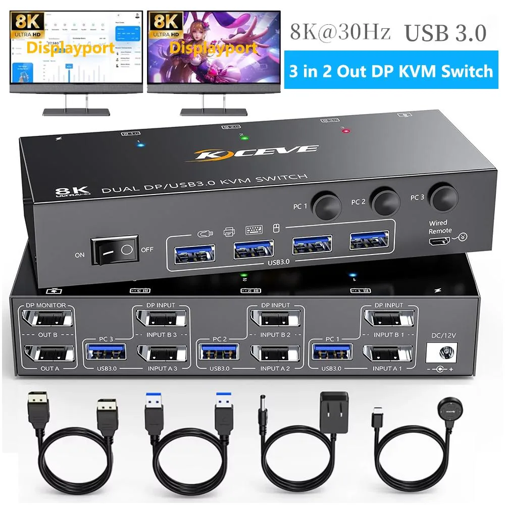 AUTYUE AUTYUE KVM302DP KVM Switch 3 Computer 2 Monitor 8K@60Hz 4K@144Hz 4 USB 3.0 — product photo