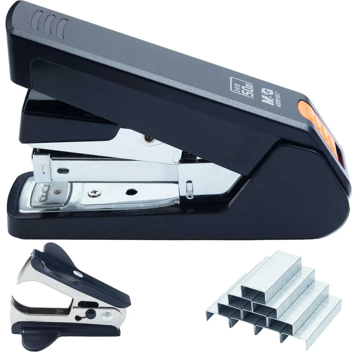 Black metal desktop stapler with non-slip base, includes staples and remover