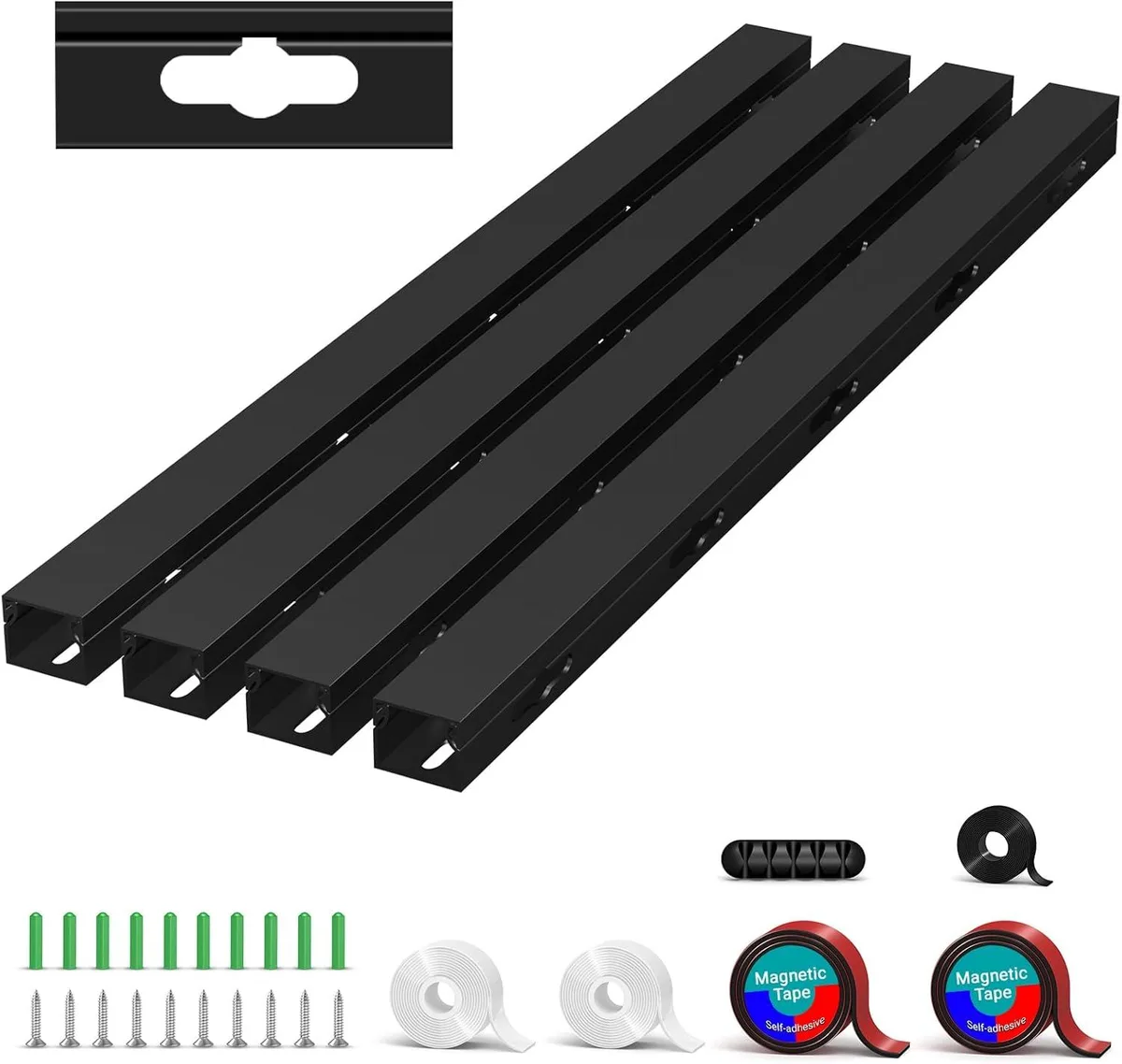 Four black magnetic cable raceways 15.7in long with large cord holes