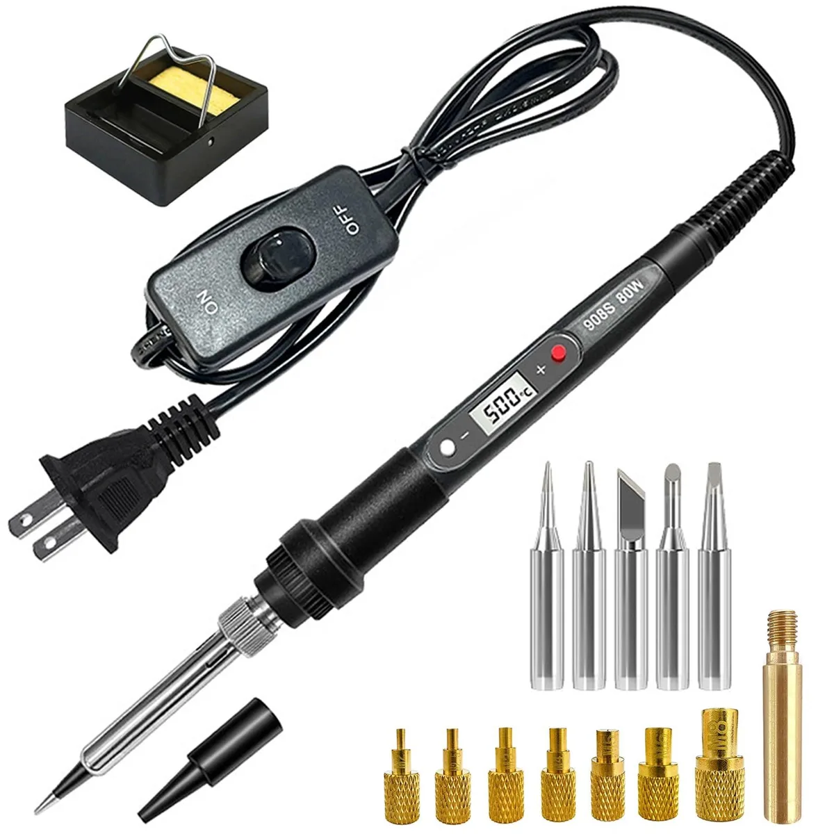 Black pen-style soldering iron with LCD screen and 16-piece tip set
