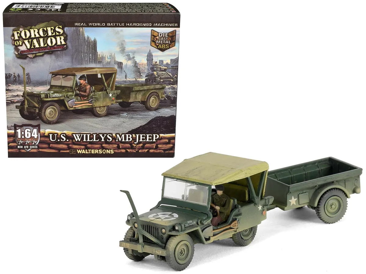 Forces Of Valor Forces Of Valor Willys MB Jeep with Trailer Olive Drab Weathered 1/64 Diecast — product photo