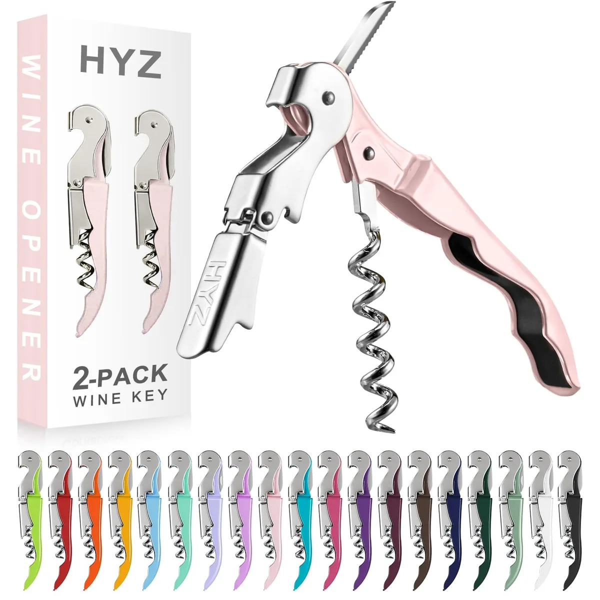 Two pink stainless steel waiter corkscrews with foil cutter and bottle opener