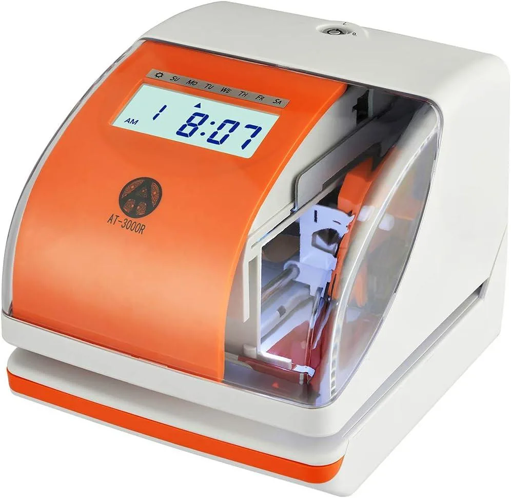 Rectangular digital time clock and date stamp unit in light grey finish with front card slot and keypad