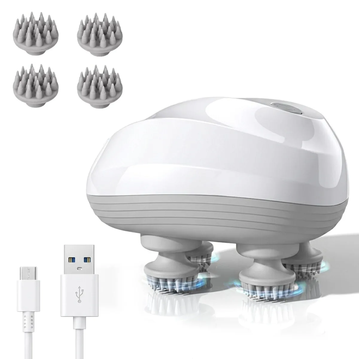 White handheld electric scalp massager with four round silicone heads, compact rounded shape