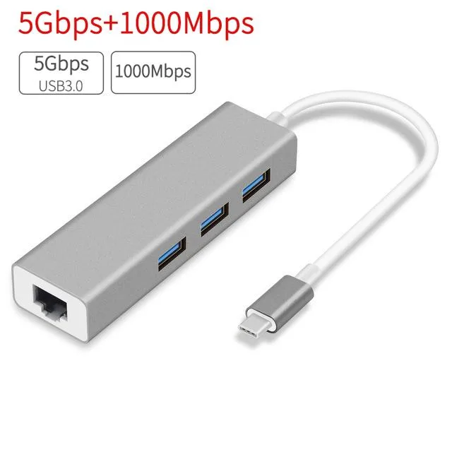 WRIARICH WRIARICH USB-C to Gigabit Ethernet 3-Port USB 3.0 Hub Gray — product photo
