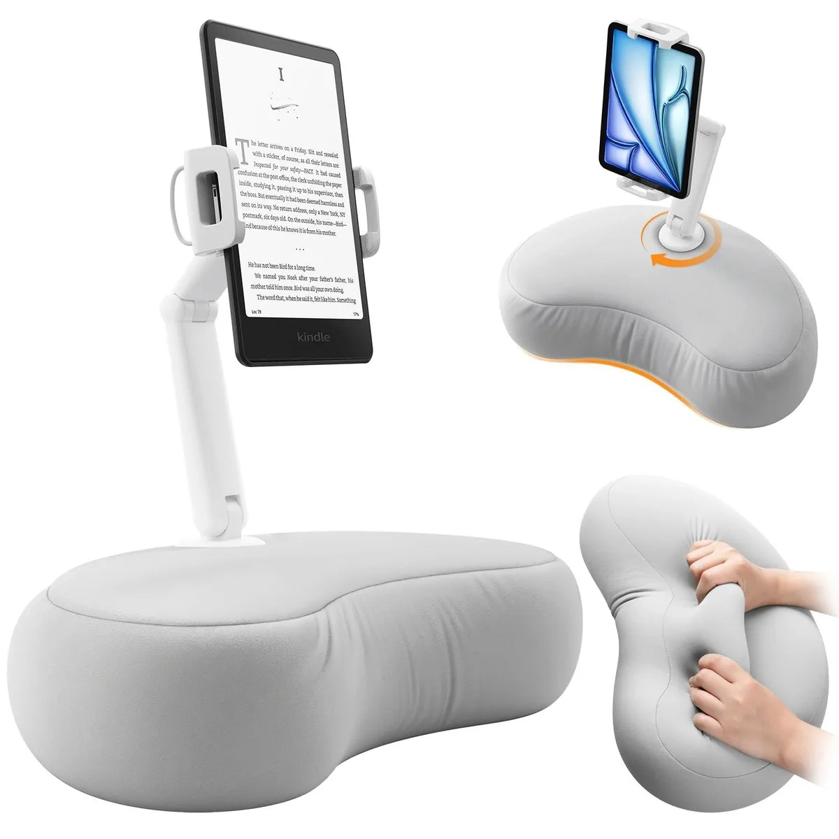 Gray crescent-shaped tablet pillow with flexible arm and rotating clamp