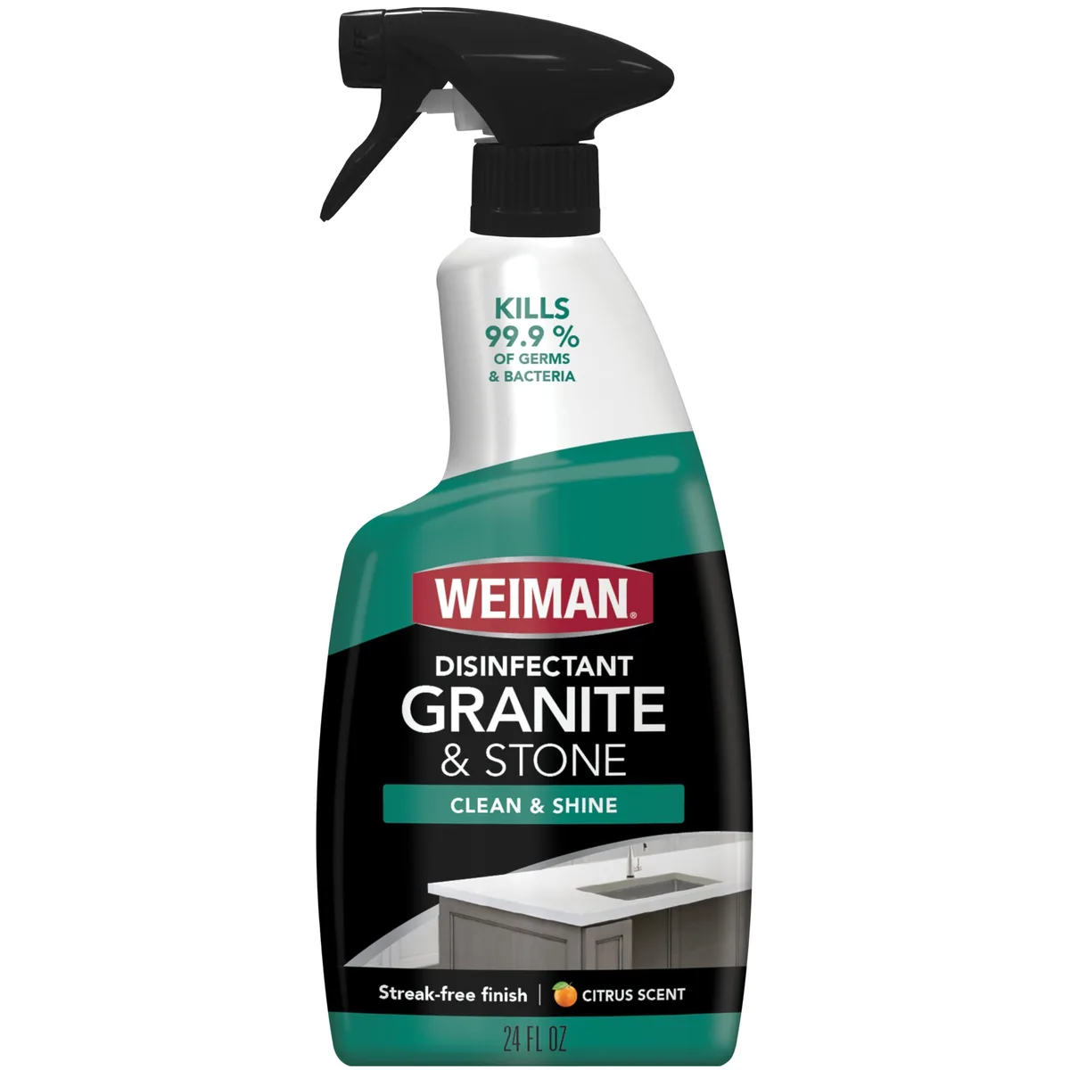 White 24 fl oz spray bottle of Weiman 109 Granite Clean & Shine