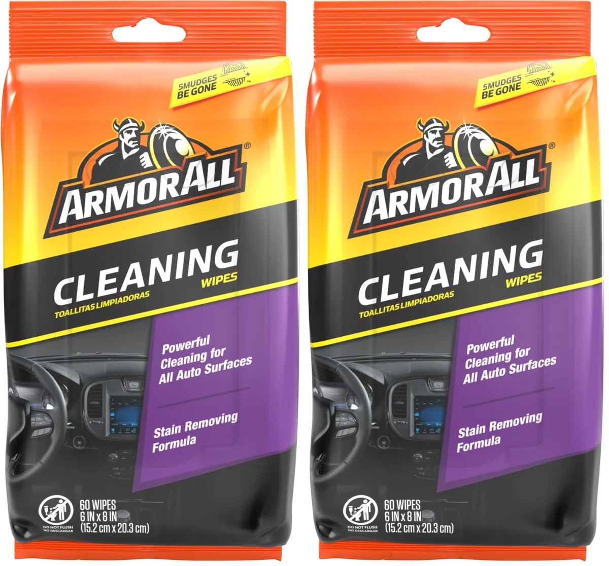 Two white canisters of Armor All interior cleaning wipes, 60 count each