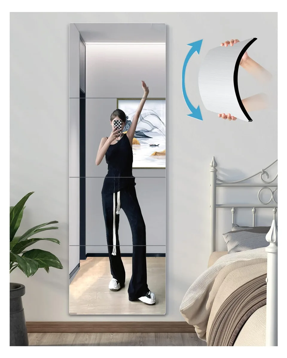 Four square acrylic mirror tiles with silver polished finish, each 12 inches wide