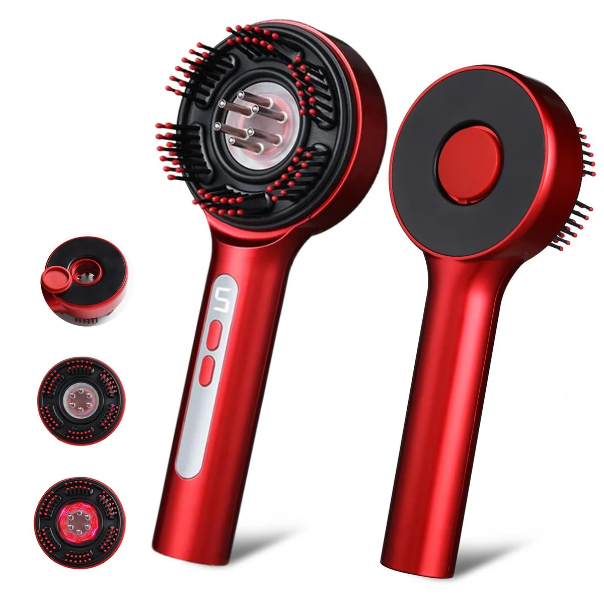 Black handheld electric scalp massager with 72 comb teeth and six roller balls