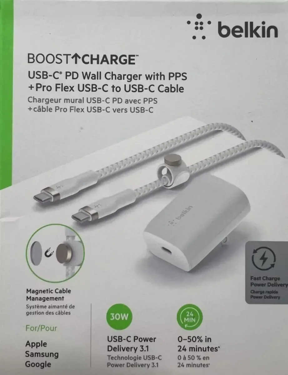 Belkin Belkin Boost Charge 25 W USB-C PD Wall Charger with PPS and Pro Flex USB-C to USB-C Cable White — product photo
