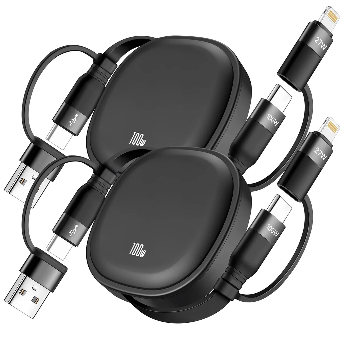 Black retractable 5-in-1 multi-charger cable with USB-A, USB-C and Lightning connectors, 4 ft extended