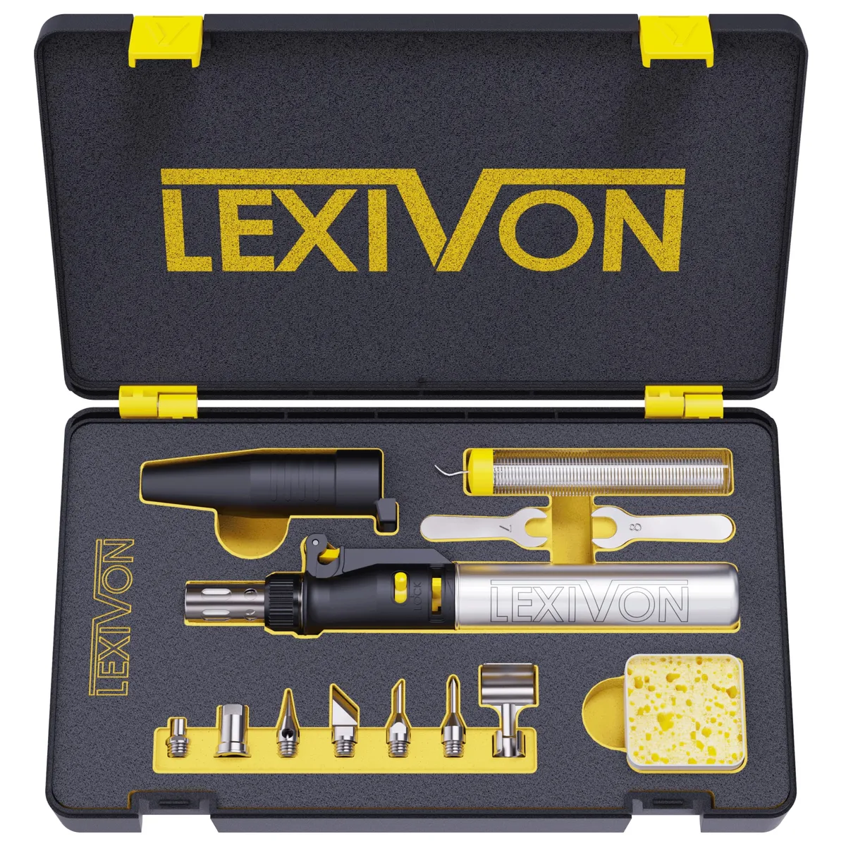 Black butane soldering iron with aluminum tank and 13-piece accessory set in carrying case
