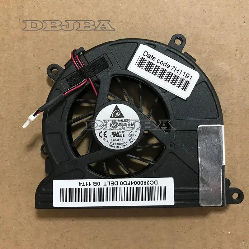 Small black laptop CPU cooling fan with plastic housing and wire connector