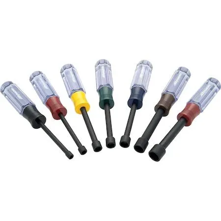 Seven metric nut drivers in a plastic tray with colour-coded acetate handles