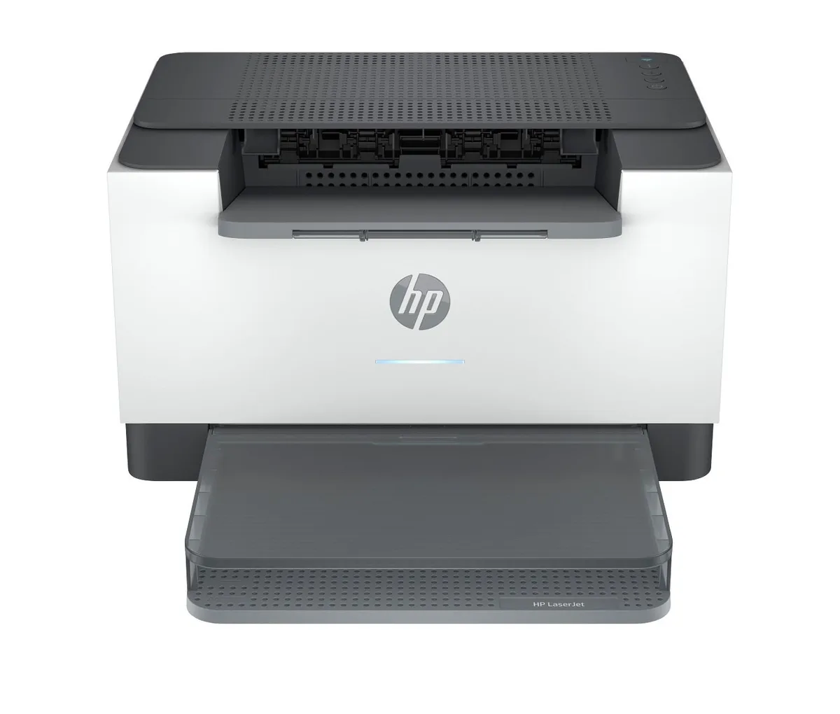 Compact black-and-white laser printer with rectangular matte-black chassis and front paper tray