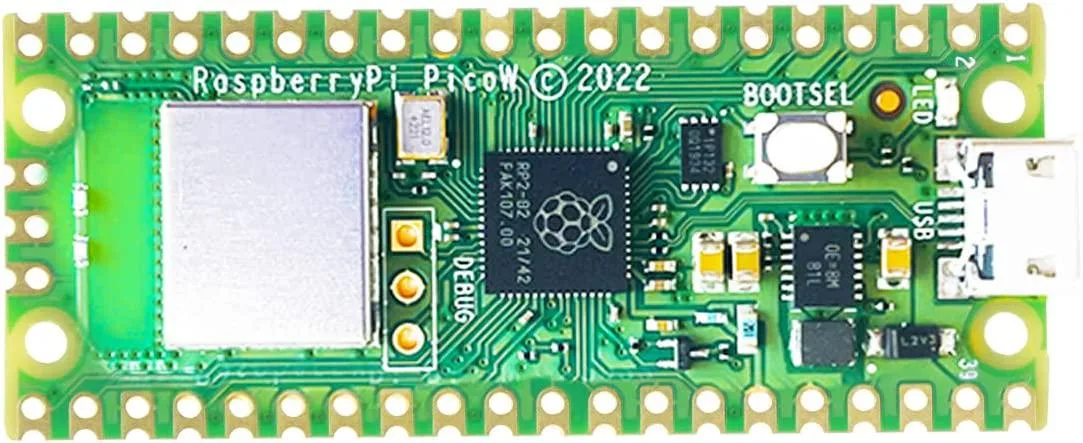 Green rectangular circuit board with pin headers along both long edges and a metal antenna module at one end