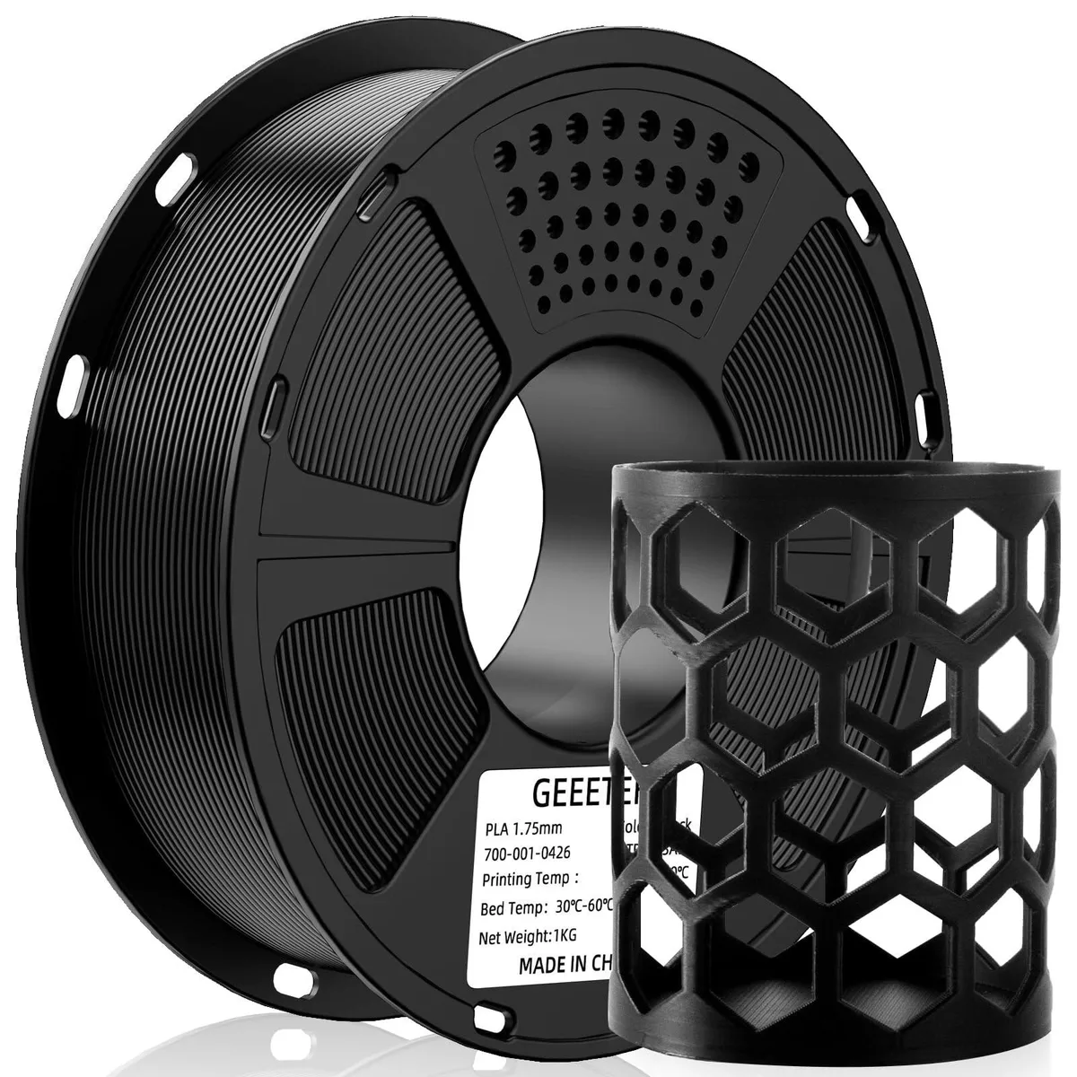 Black PLA filament spool 1.75mm diameter 1kg weight