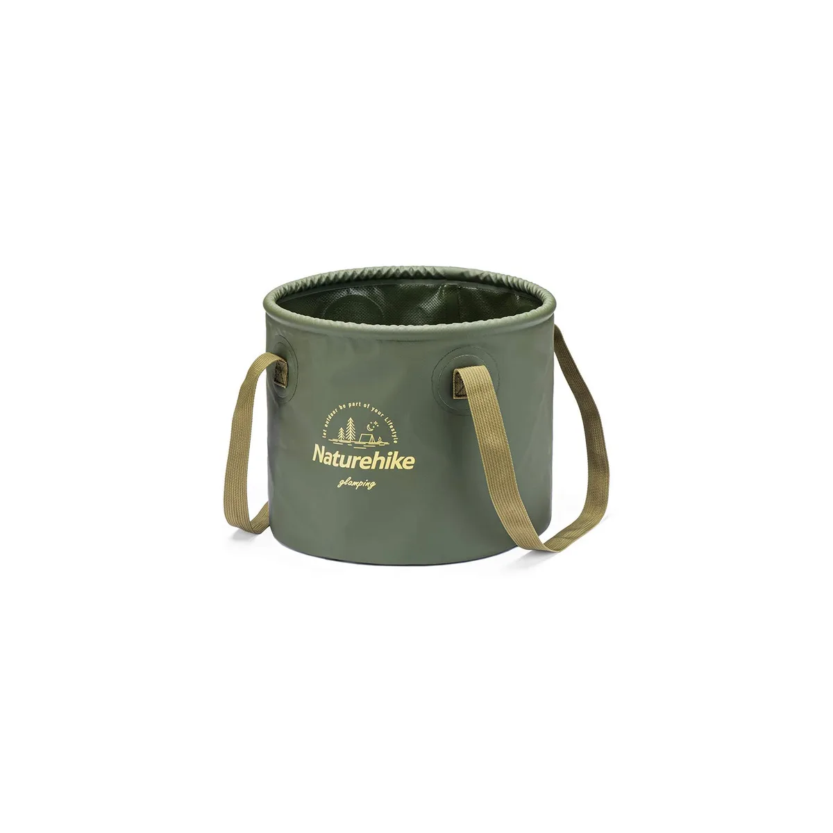 Army green rectangular collapsible laundry tub with plastic handles, folded flat