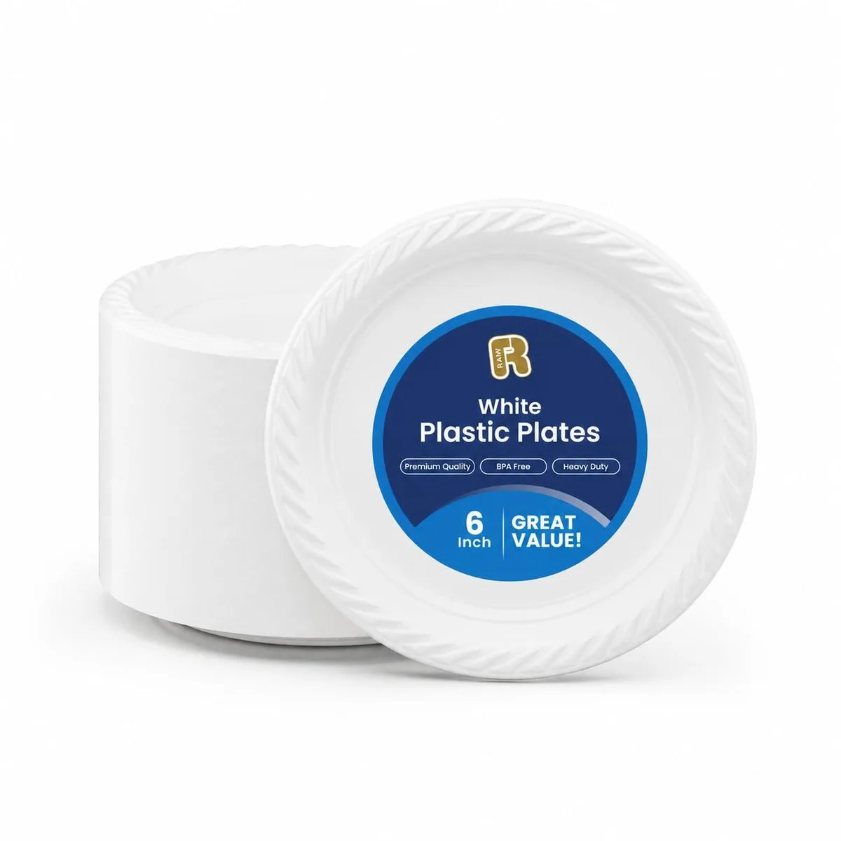Stack of 100 white round plastic plates, 6 inch diameter