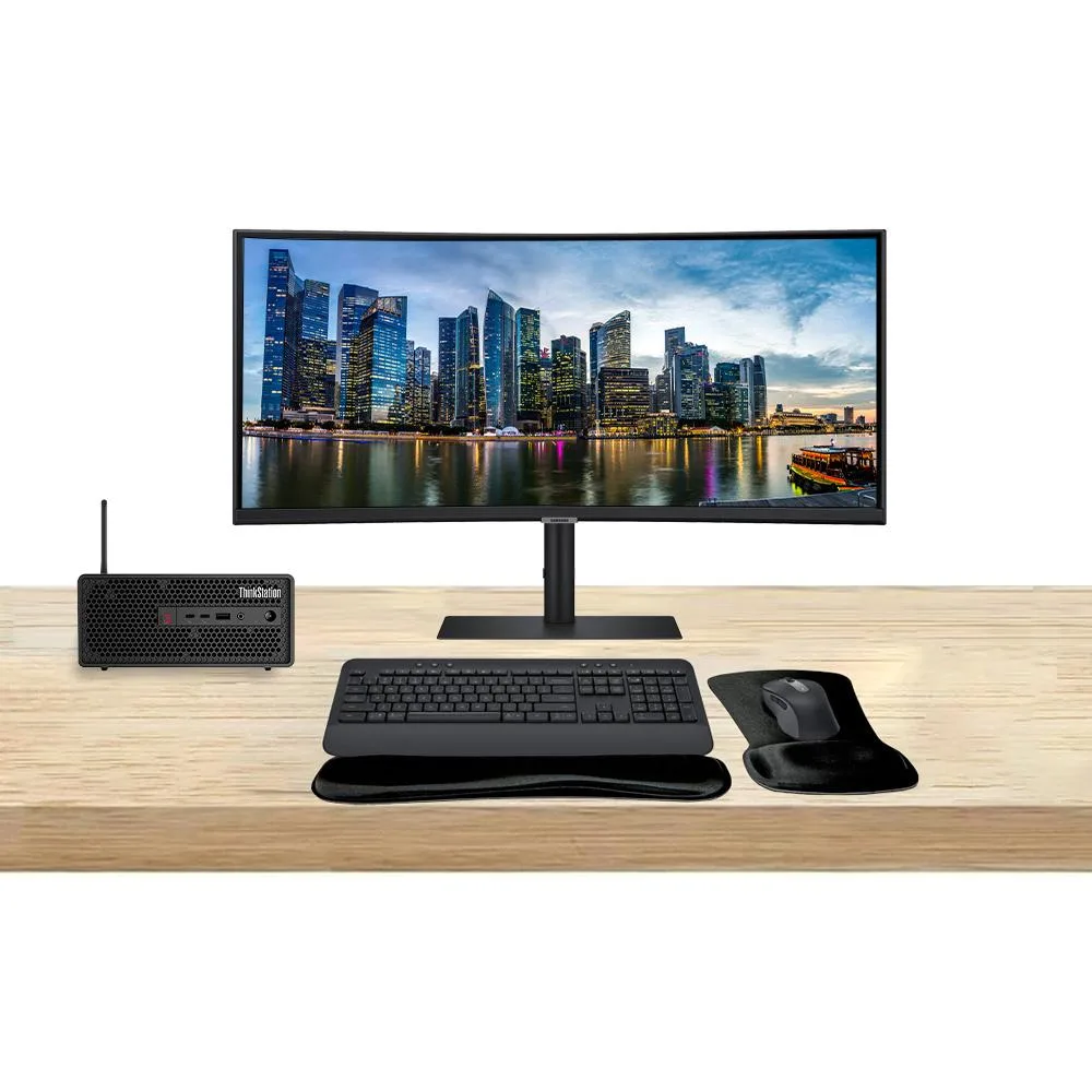 Lenovo Lenovo ThinkStation P3 SFF i7-14700K 64GB 1TB RTX A4000 16GB ViewFinity S95UC 49 5120x1440 MK650 desktop PC — product photo