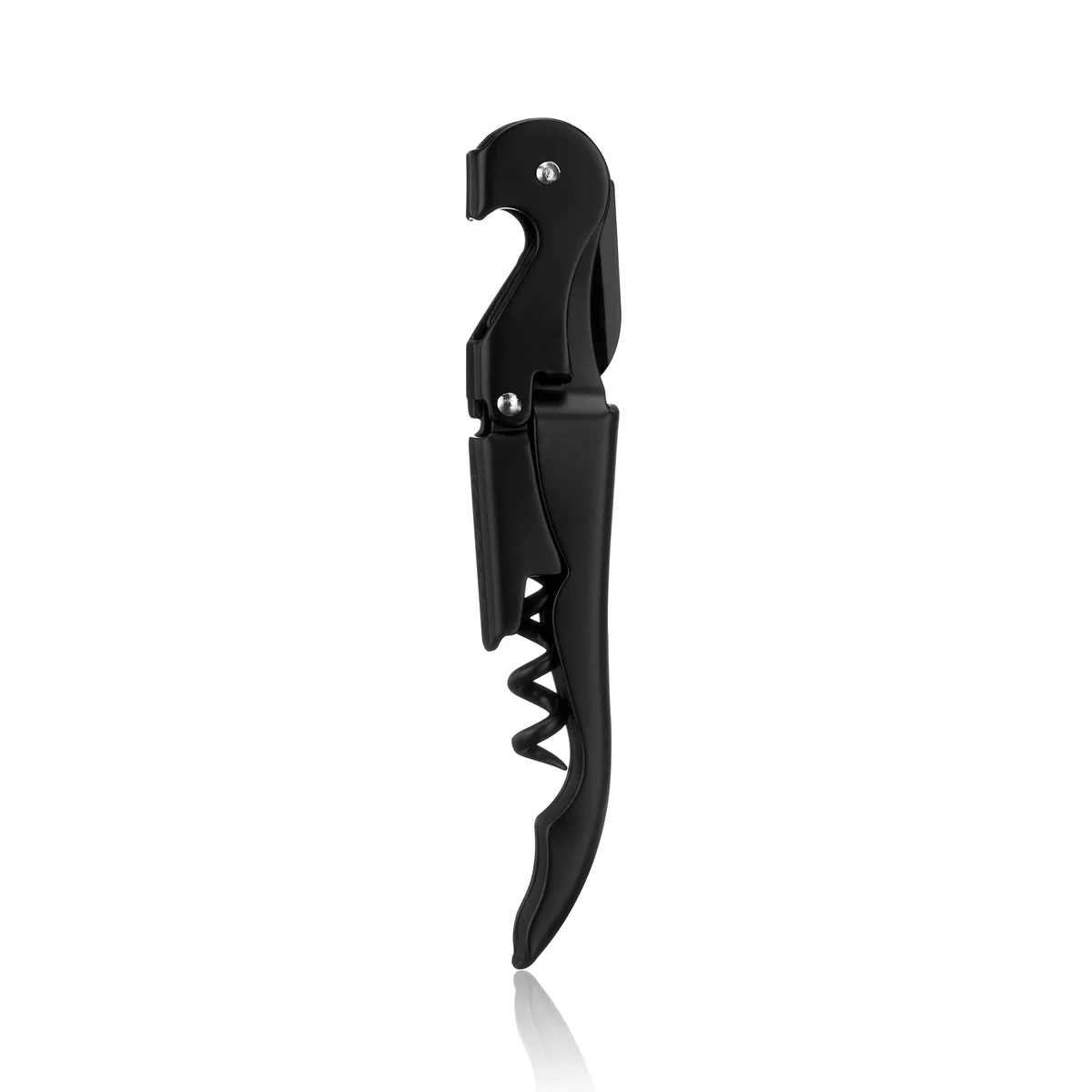 Matte black double-hinged corkscrew with foil cutter and bottle opener