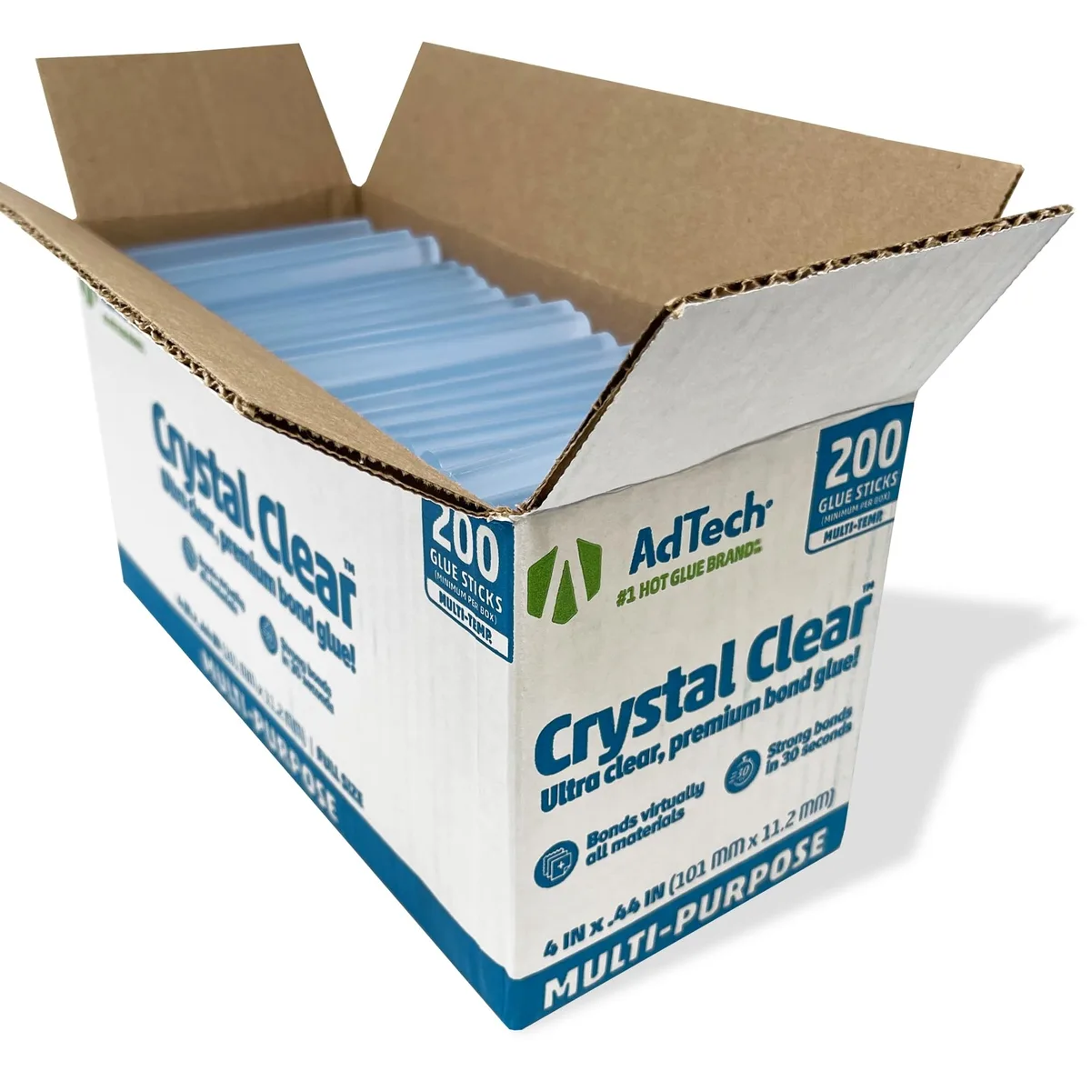 Box of 200 clear cylindrical 4-inch glue sticks in rectangular packaging