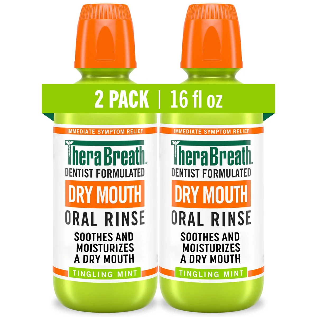 Two 16 Fl Oz bottles of tingling mint oral rinse