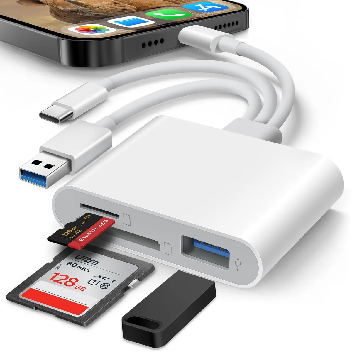Compact three-cable SD card reader with dual slots, Lightning USB-C USB-A connectors