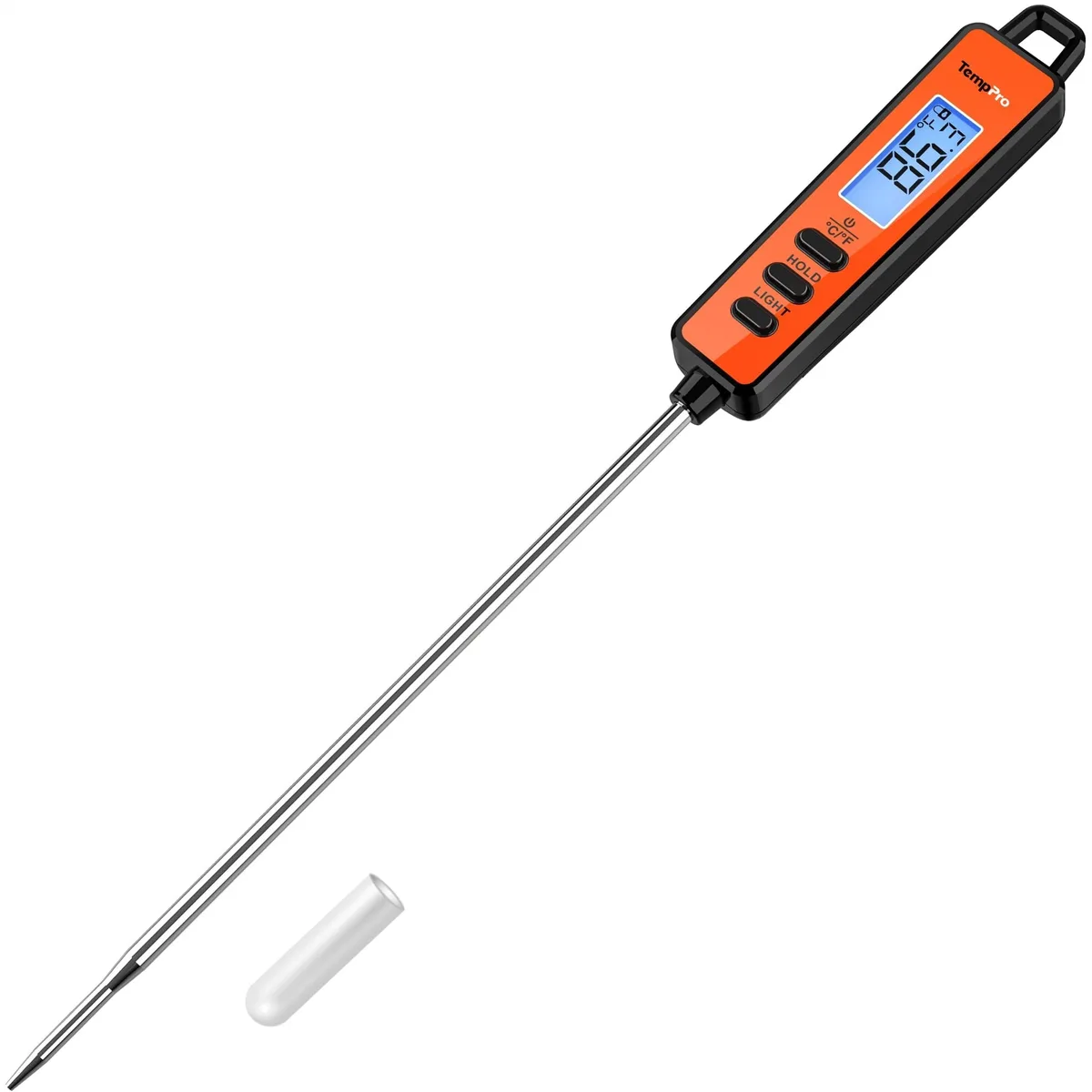 Orange digital meat thermometer with 5.3-inch stainless steel probe and backlit LCD display
