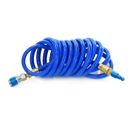 Yellow coiled polyurethane air hose with brass fittings, 15-foot length