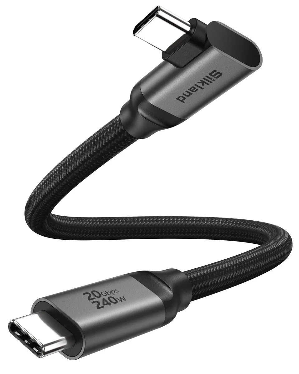 Grey USB-C right-angle cable with male connectors on both ends
