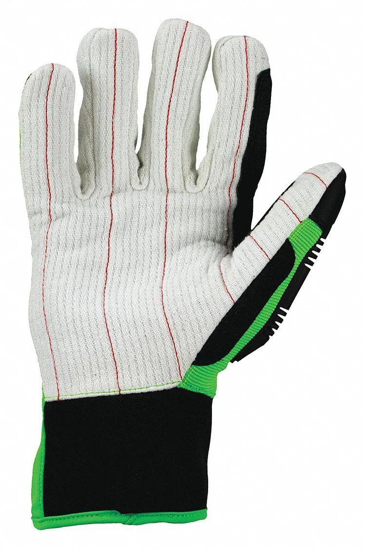 Green impact-resistant work gloves with white knuckle guards and gauntlet cuffs